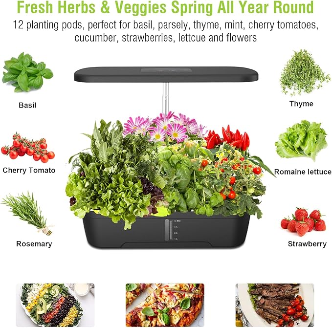 White 12-Pod Hydroponics Growing System Earthless Growing System Indoor Garden Herb Garden Kit Smart Hydroponic Garden with LED Grow Light &amp Automatic Timer Adjustable Height