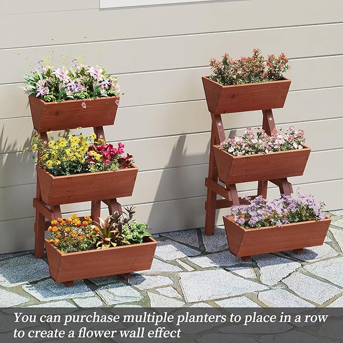 3-Tiers Wooden Raised Garden BedWood Planter Box for VegetableFlower RackFlower Pot StandsIndoor Outdoor Gardening Planting Beds (Brick red Small)