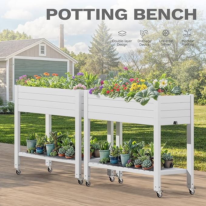 DWVO Raised Garden Bed Kit 3.6 x 1.5 x 2.8 FT Outdoor Plastic Planter Box with Wheels and Legs Garden Box with Drain Plug &amp Storage Shelf for Planting Vegetables Flowers and Herbs Grayish-Whi