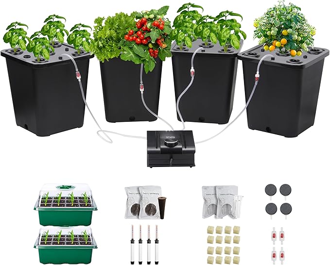4 Hydroponic Buckets Kit for Plants Hydroponics Growing System for Herbs/Tomato/Vegetables DWC System with Air Pump &amp Germination Tray Black (Complete Indoor Hydroponic Gardening Supplies)