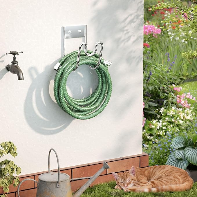 Stainless Steel Garden Hose Holder - Silver SS304 Water Hose Holder - Wall Mounted Hose Hanger Heavy Duty for Water Hose Extension Cords Vacuum Hose Anti-Rust (2 Pack)