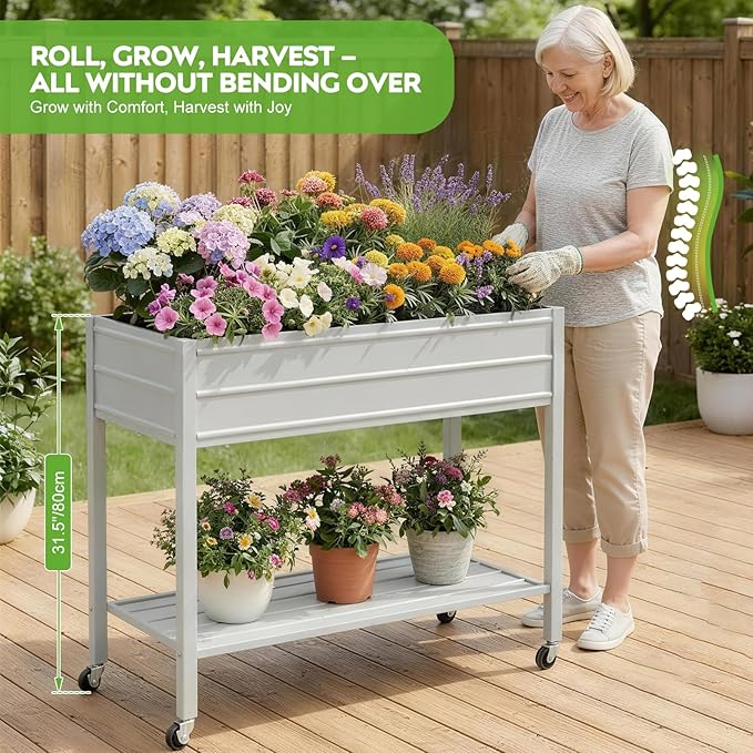ZORMY 32 Tall Galvanized Raised Garden Bed with Legs Wheels &amp Shelf Elevated Planter Box Outdoor for Vegetables Herbs &amp Flowers Patio &amp Backyard Garden Bed with 400lb CapacityGrey