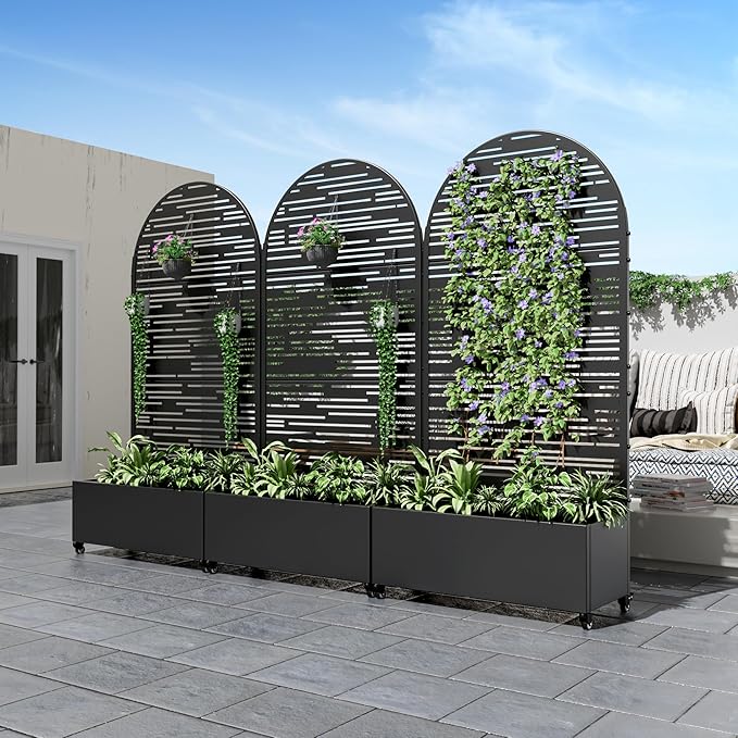 Casaphoria Metal Raised Garden Bed with Trellis and Wheels 72x35x16 Arched Planter Box for Climbing Plants Vegetables &amp Vines Features Drainage Holes and Privacy Screen (Black-Shine)