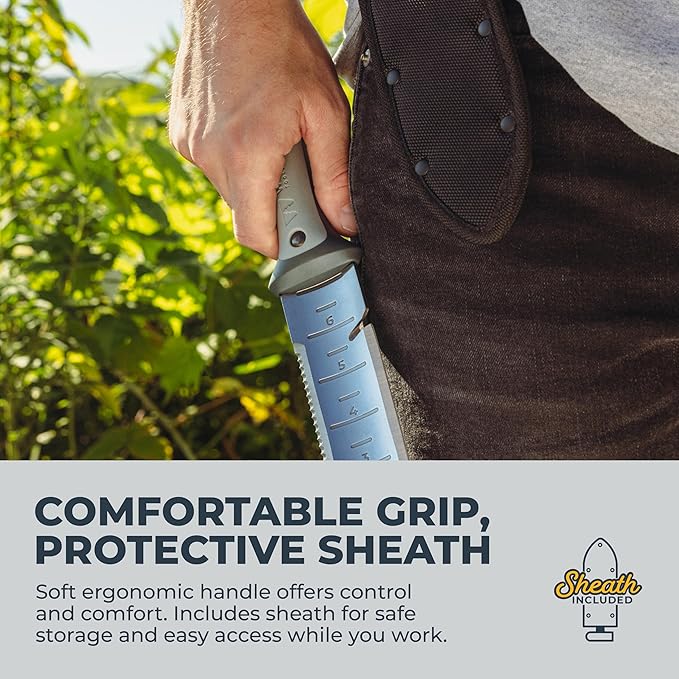 WOODLAND TOOLS Heavy Duty Hori Hori Garden Knife - Stainless Steel Soil Knife with Serrated Edge Depth Markings and Ergonomic Grip Multi-Use Weeding and Digging Tool with Sheath for Gardening