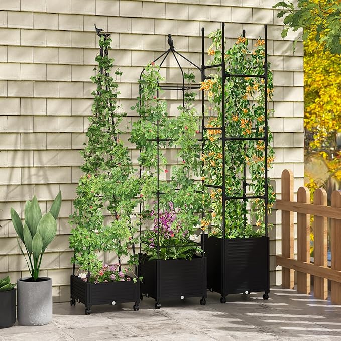 Giantex Set of 2 Rolling Raised Garden Bed with Climbing Trellis Obelisk &amp Bird Top 11 Fasten Straps Gloves Planter Garden Boxes on Wheels Self-Watering System PE-Coated Metal Rack