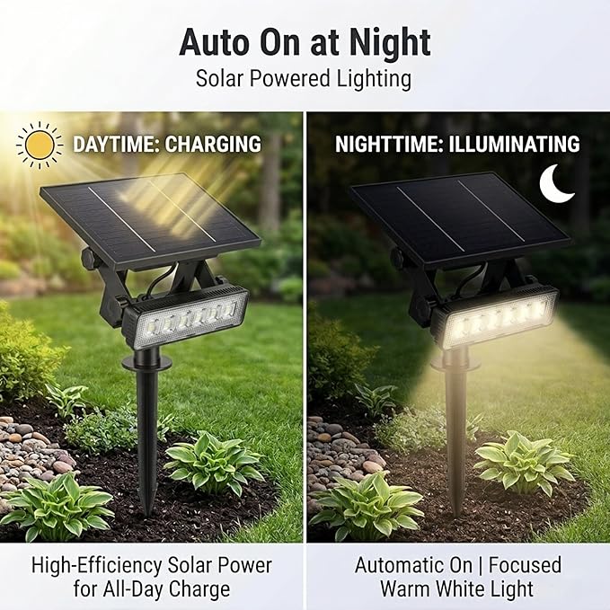 Solar Spotlight Outdoor Single Warm White Solar Garden Light with Adjustable Head and Panel Dual Installation Ground Stake or Wall Mount Auto on/Off Landscape Light for Yard Pathway Patio
