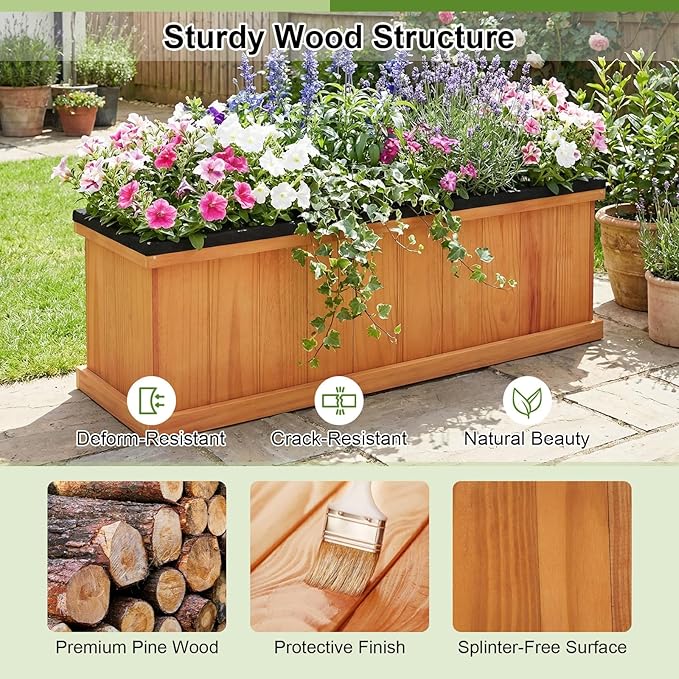 Giantex Outdoor Raised Garden Bed Set of 2 40” x 13” x 12” Pine Wood Planter Box w/ 3 Drainage Holes Removable Bottom &amp Bed Liner Rectangular Flower Container for Vegetables Herbs Indoor &amp