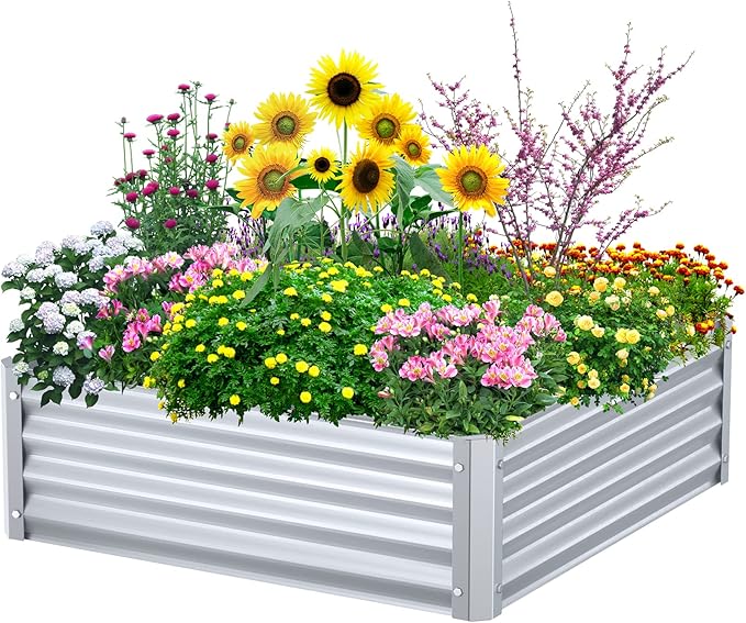 Highpro Raised Garden Beds 3×3×1ft Galvanized Metal Planter Boxes for Herbs Vegetables Flowers and Succulents Silver