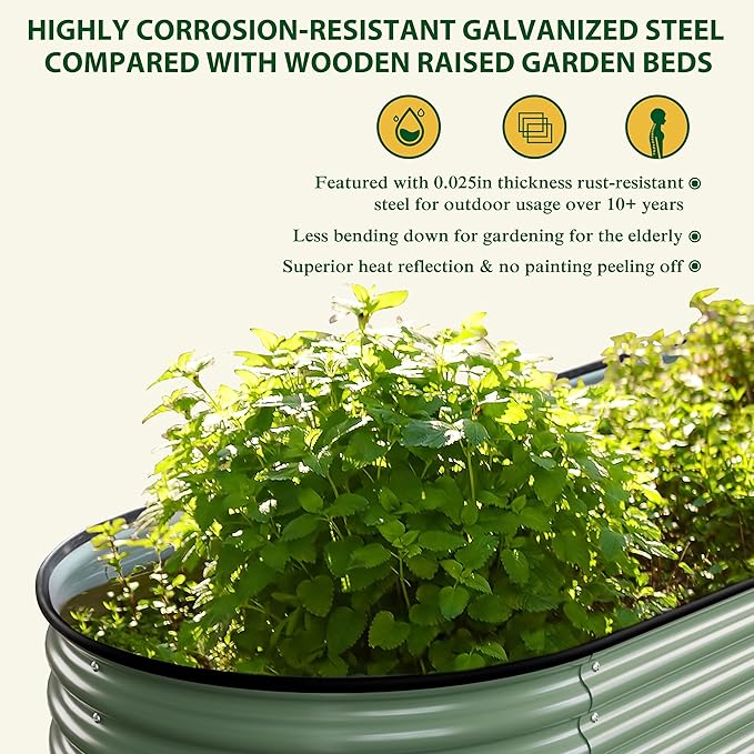 8ftx2ftx2ft Outdoor Raised Garden Bed 9-in-1 Galvanized Metal Planter Box with 4 Aluminum Support Rods 23.1''H Modular Garden Bed Kit Oval for Herbs and Flowers Olive Green
