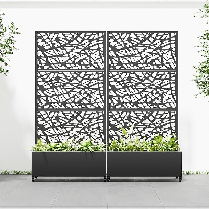 Casaphoria 72x35 Metal Raised Garden Bed with Trellis(2 Pack) Outdoor Planter Box with Wheels &amp Drainage Holes for Climbing Plants Flowers Elevated Garden Kit with Privacy Screen Black-Net