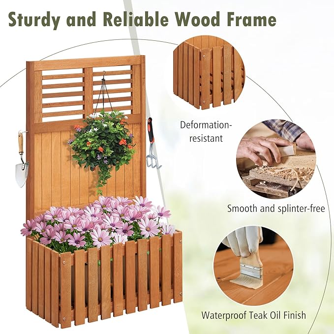 Giantex Raised Garden Bed with Trellis 41” Wooden Potted Plant Box w/Privacy Screen Trellis for Plant Flower Climbing Pot Hanging Indoor &amp Outdoor Planter Box for Yard Garden Balcony
