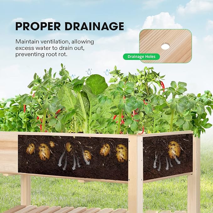 VIVOSUN Elevated Wooden Raised Garden Bed 46 x 24 x 32 Inches Mobile Outdoor Planter Box with Storage Shelf and Protective Liner for Outdoor Use with Lockable Wheels