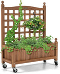 Giantex Mobile Plant Raised Bed Wood Planter with Lattice Trellis and Wheels Flower Box for Plant Climbing Vertical Garden for Balcony Patio Yard (1 25x 11x 32.5)