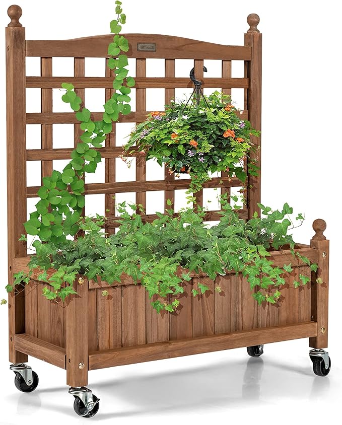 Giantex Mobile Plant Raised Bed Wood Planter with Lattice Trellis and Wheels Flower Box for Plant Climbing Vertical Garden for Balcony Patio Yard (1 25x 11x 32.5)
