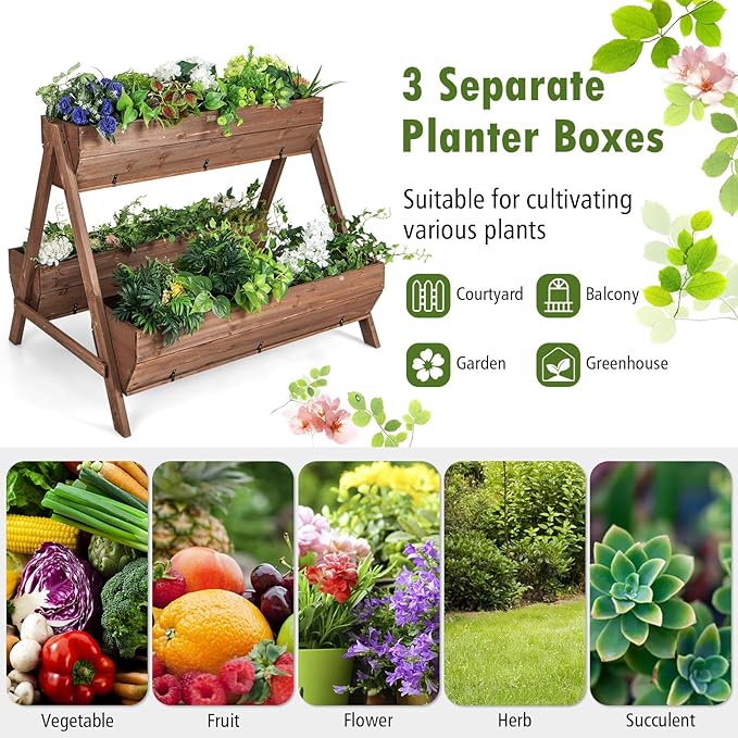 Moccha Vertical Raised Garden Bed 3 Fir Wood Planter Boxes for Flowers Vegetables Herbs Freestanding Flower Bed with Drainage Holes Elevated Garden Planter for Indoor Outdoor (44 x 36 x 35)