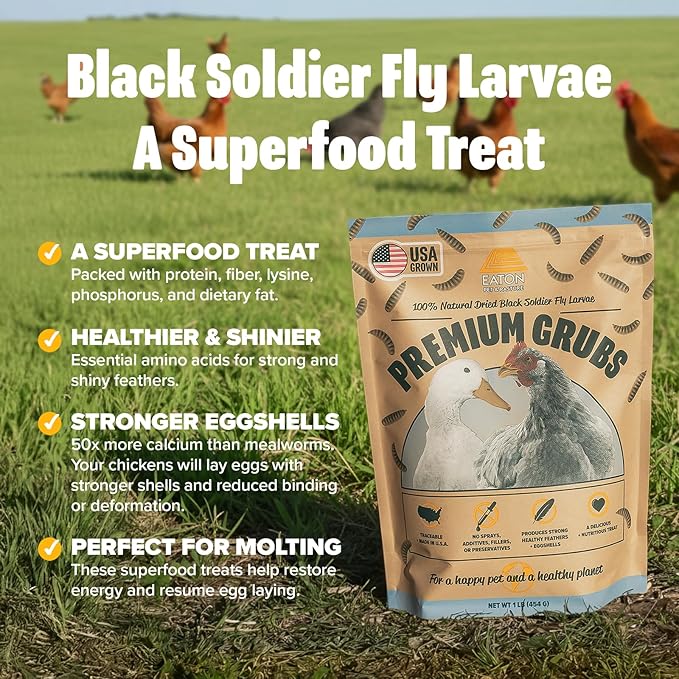 Eaton Pet and Pasture Premium Grubs USA Grown Dried Black Soldier Fly Larvae High Calcium Treat for Chickens Ducks Wild Birds (5 LB)