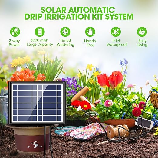 Solar Automatic Drip Irrigation Kit - 25 Timer Modes Smart Watering System for 15 Plants 900ml/min High Flow with IP54 Waterproof 49FT Indoor/Outdoor Garden Kit for Vacation &amp Busy Plant Lovers