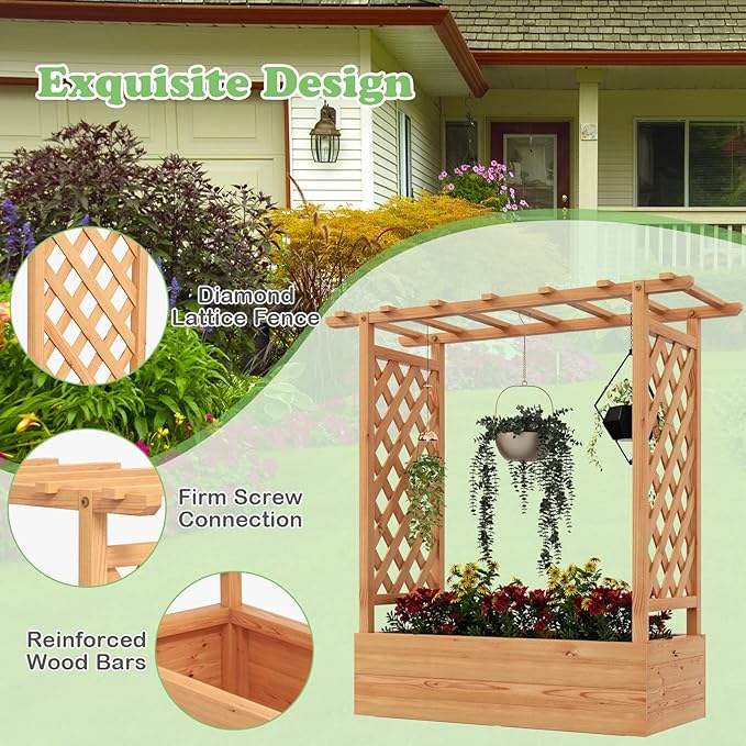 Raised Garden Bed with Trellis Wood Planter Box with Arch Trellis Hanging Roof &amp Drainage Holes Outdoor Elevated Planter for Garden Climbing Plants Flowers Vegetables (2)