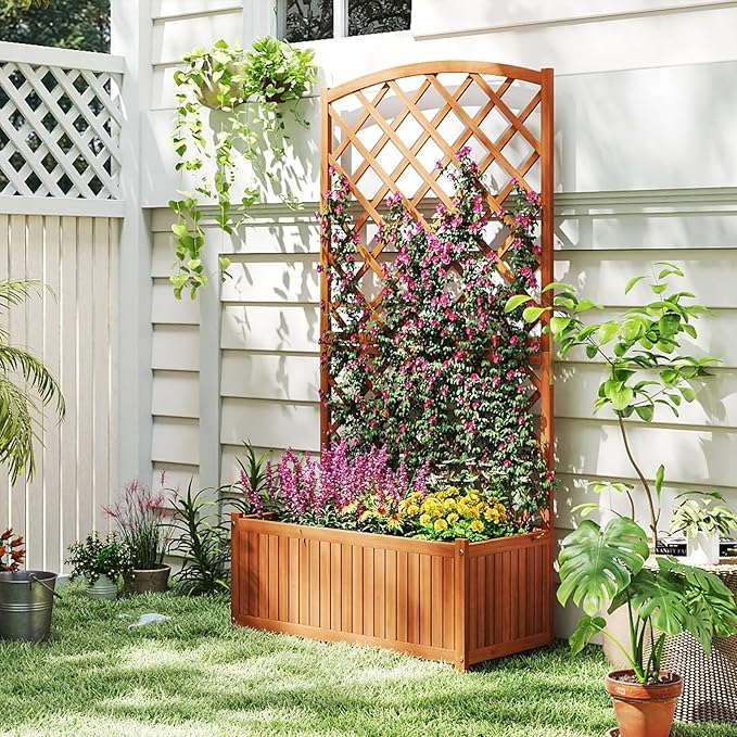 2 Pack Raised Garden Bed with Trellis 30 x 14 x 10 Inch Large Planter Box Solid Acacia Wood Frame Slat Base 63” Tall Planter for Climbing Plants Flowers Outdoor Patio Balcony Backyard
