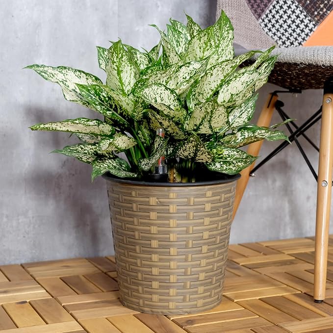 13.4 Self Watering Wicker Decor Planter for Indoor and Outdoor Round Natural