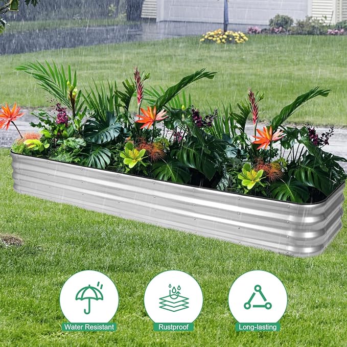 1MORE Raised Garden Bed -8X2X1 Galvanized Planter Box for Outdoor Gardening5 in 1 Modular Raised Bed Kit with Protective Tape Gloves for HerbIdeal for Vegetables and Plants.Sliver-2pack