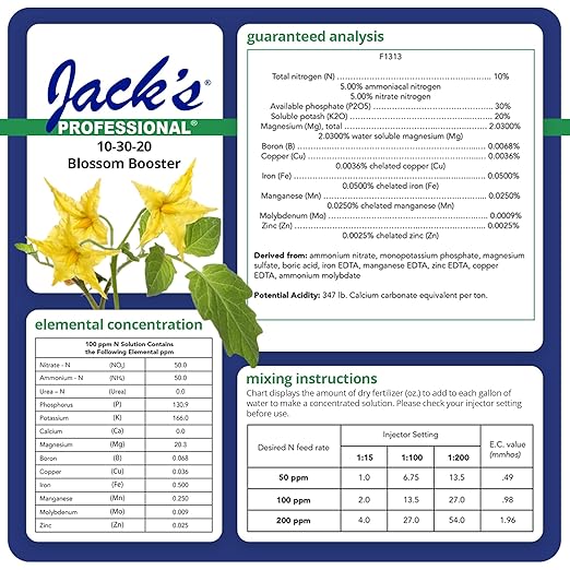 Jack's Professional 10-30-20 Blossom Booster Water-Soluble Fertilizer with Micronutrients for Increasing Blooms in Plants Grown in Continuous Liquid Feed Programs 25lbs 2 Pack