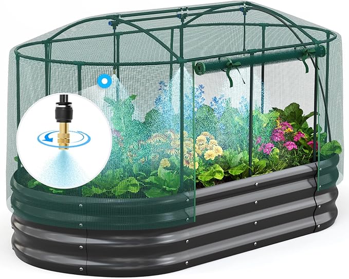 Quictent Galvanized Raised Garden Bed Kit with Self Watering System and Mesh Cover Large Oval Metal Outdoor Planter Garden Boxes for Vegetables Herbs Flowers 6x3x1Ft