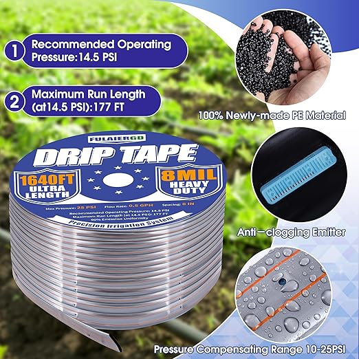 1640 FT 5/8 Inch Drip Tape 6 Spacing Roll 8 Mil Drip Irrigation Tape0.5 GPH/Hole Irrigation Tubing Hose Silver Anti-Bird Pecking Anti-UV Design for Garden Agricultural Irrigation Watering System