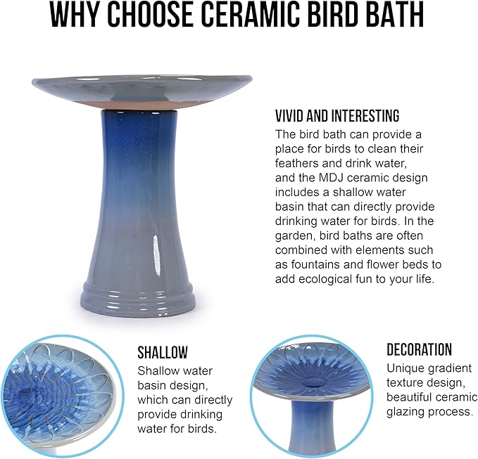 17'' Ceramic Bird Bath for Outside Elegant Tall Outdoor Bird Bath Lightweight Pedestal Glazed Birdbaths for Outdoors with Floral Pattern Blue Ombre