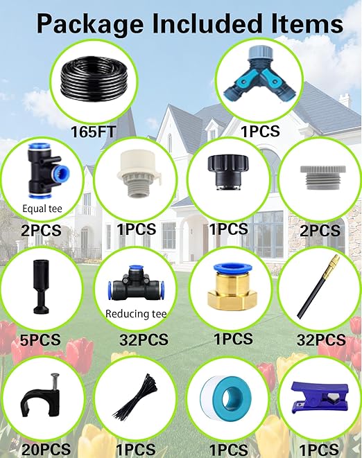 Drip Irrigation System 360 Adjustable Mist Sprayer Nozzle High Volume Water Flow Rotating Sprinkler Head for GardenPatioPotted PlantsEasy Install Fine Misting to Jet Spray (165FT+32Nozzles)