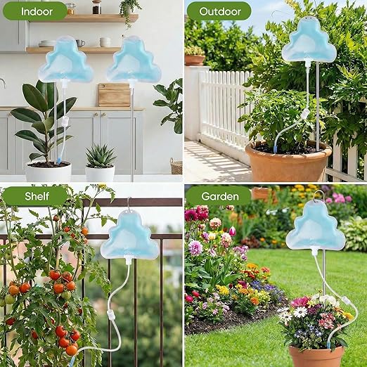 Zhengmy 12 Pcs Cloud Plant Drip Irrigation Self Watering Devices with Flow Regulator Automatic Plant Watering System with 500ml Drip Water Bag and Support Rod Stake for Potted Indoor Outdoor Waterer