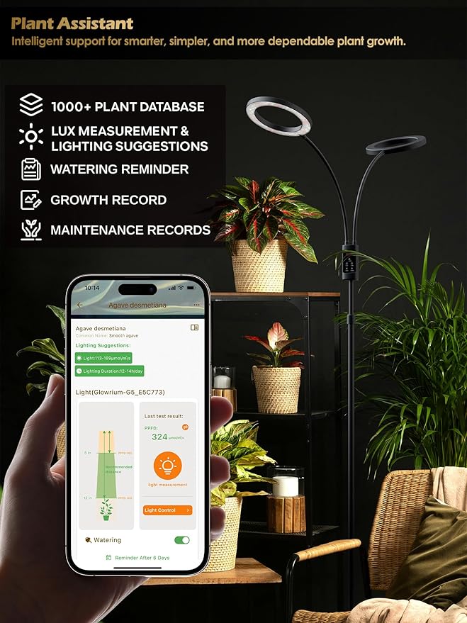Smart Grow Lights for Indoor Plants48W 2-Head Plant Light with Auto-Timer Full Spectrum LED Grow Light Adjustable Height &amp Stepless DimmingPlant Assistant Suitable for Most Plants (Black 48W)