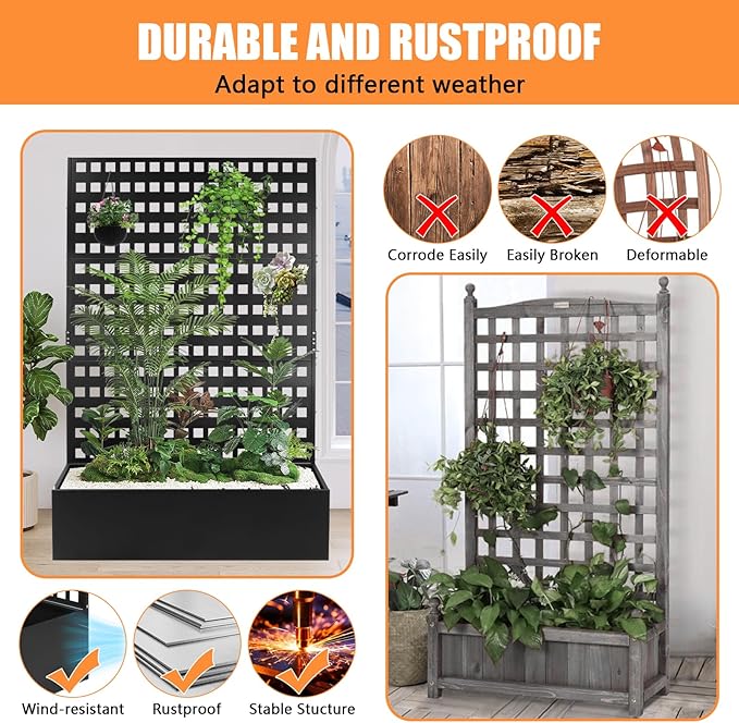 Metal Planter Box with TrellisRaised Garden Bed with46''Lx18''Wx71''Hfor Climbing PlantsVegetables &amp VinesPlanter with Trellis &ampDrainage Holes Privacy Planters (46''Lx18''Wx71''H)