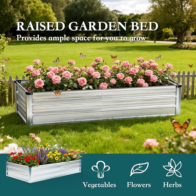DUMOS Galvanized Raised Garden Bed Outdoor 2 Pcs 6x3x1ft Planter Box Outdoor for Deep-Rooted Herbs/Flowers/Vegetables Large Metal Garden Bed for Patio Balcony and Backyard Silver