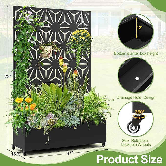 Raised Garden Bed with Trellis and Wheels73x47x16 Metal Raised Garden BedBlack Star Metal Planter with Climbing Trellis for Vines &amp Vegetables