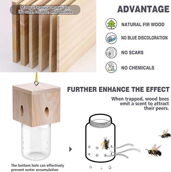 4 PCS Wood Carpenter Bee Trap for Outside - Best Bee Trap - Cube Style Nature Hanging Carpenter Bee Traps Plastic Jar Outdoor - Insect Traps