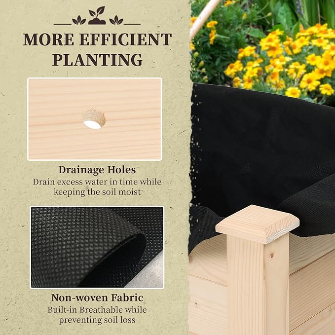 Raised Garden Bed with Legs 34 x 18 x 30 Elevated Wooden Planter Box Self-Draining with Bed Liner for Vegetables Herbs and Flowers - Ideal for Backyard Patio or Balcony Use Natural