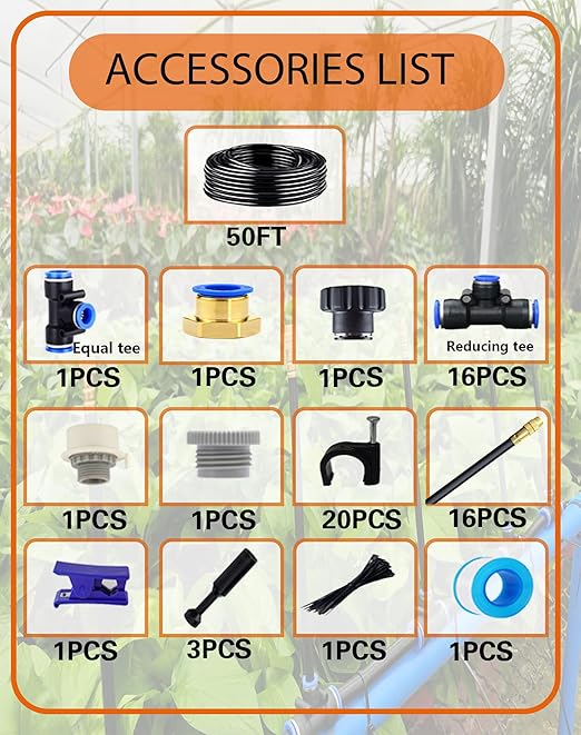 Drip Irrigation System 360 Degree Adjustable Garden Sprinkler High Output Mist Spray Nozzle for Potted Plants Easy Connect &amp Rotating Head Customizable Water Flow (50FT+16spray nozzles)