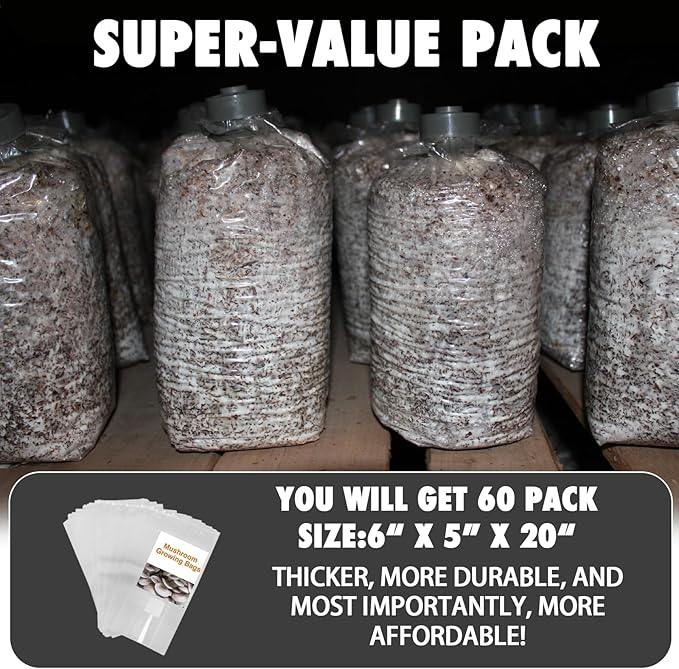 TonGass 60-Pack Autoclavable Mushroom Grow Bags Bulk with Microporous Filter Patchs - Large 6x5x20 Extra Thick 80 Micron (=3 Mil)| Mushroom Cultivation Spawn Supply Myco Bag Bulk Substrate Bags