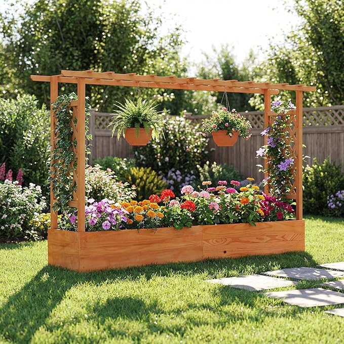 LDAILY Raised Garden Bed with Trellis Above Ground Garden Bed with Hanging Roof Side Trellis &amp 6 Drainage Holes Planter Box for Outdoor Climbing Plants Vines Flowers
