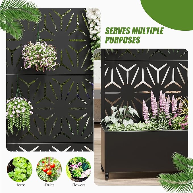 Casaphoria 72x35 Metal Raised Garden Bed with Trellis(2 Pack) Outdoor Planter Box with Wheels &amp Drainage Holes for Climbing Plants Flowers Elevated Garden Kit with Privacy Screen Black-Star