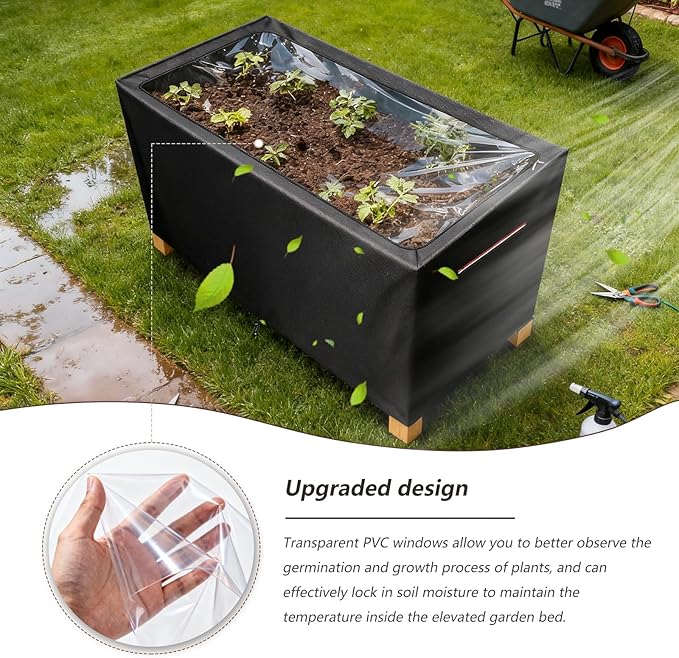 Spring Outdoor Raised garden bed cover With Transparent PVC Top WindowWaterproof Heavy Duty Covers with Split Zipper for 48 x 24 x 30 inch Elevated Wood Planter Box Stand(BlackCover only) ﻿