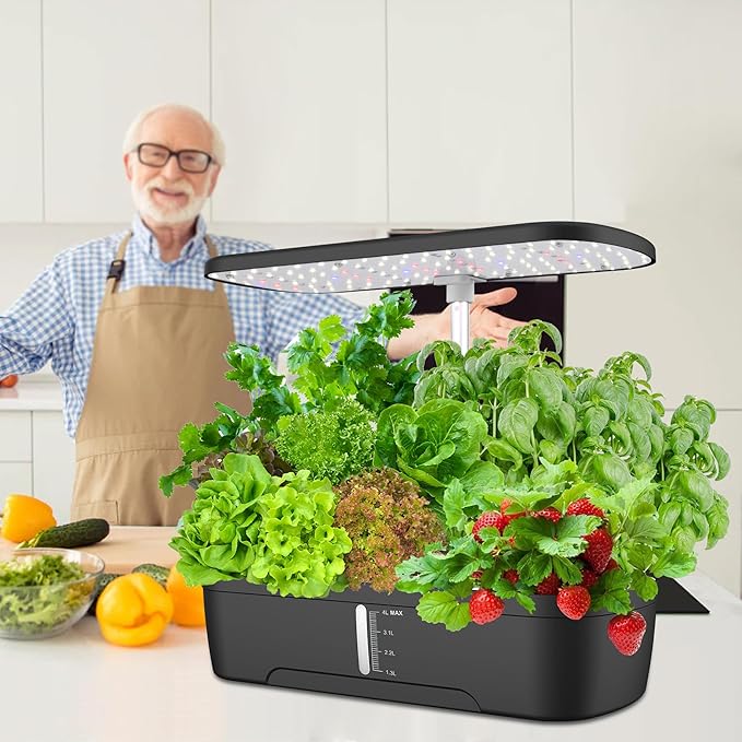 White 12-Pod Hydroponics Growing System Earthless Growing System Indoor Garden Herb Garden Kit Smart Hydroponic Garden with LED Grow Light &amp Automatic Timer Adjustable Height