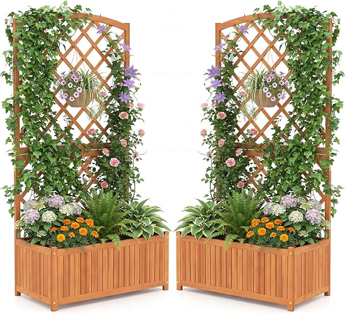 S AFSTAR 2 Pieces Wooden Raised Garden Bed with Trellis 63 Tall Planter Box with Drainage for Vines Climbing Plants Flowers Herbs Elevated Gardening Planter for Backyard Balcony &amp Patio