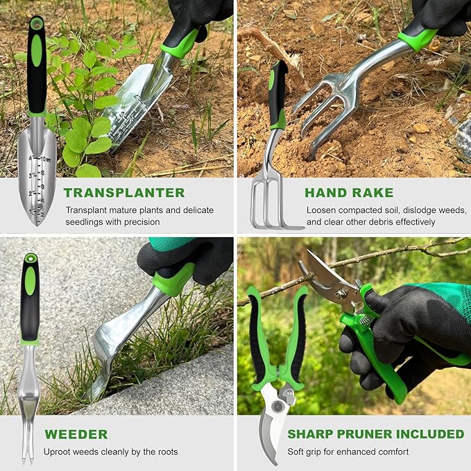 11-Piece Outdoor Gardening Tool Set Suitable for Women Seniors and Left-Handed Users Includes Tree pruners Hand rakes and a Watering can with Green Non-Slip Handles. (Gray)