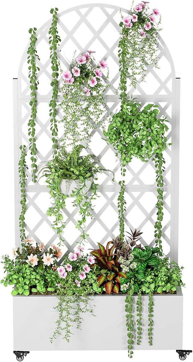 Metal Raised Garden Beds Outdoor with Trellis Raised Planter Box with Drainage Hole &amp Wheels Privacy Screen Trellis Planter for Climbing Plants Vegetable Vines (White)