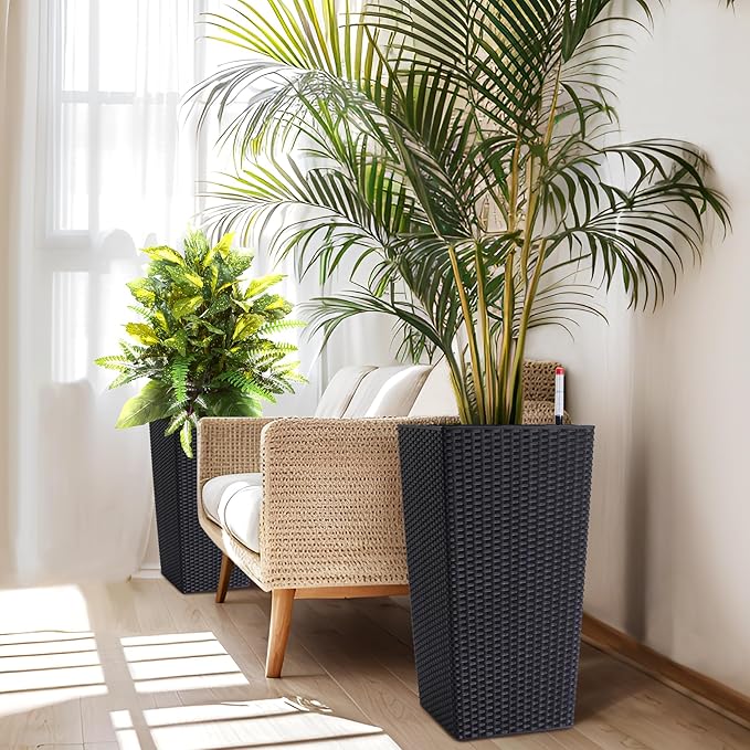 IDEALHOUSE 22.4 in Large Self-Watering Planters Set of 2 Tall Rattan Indoor Outdoor Planter Pots with Water Level Monitor Drainage Holes Inner Bucket &amp Hidden Pulley for Home Patio Balcony Bla