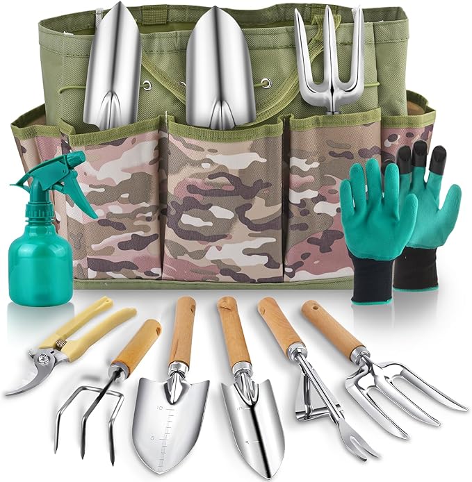 Gardening Tool Set of 9 PCS Heavy Duty Gardening Tool Set with Durable Garden Tools Organizer Handbag Non-Slip Rubber Gloves Rust-Proof Garden Tool Set Ideal Garden Gifts for Women Mom (Green)