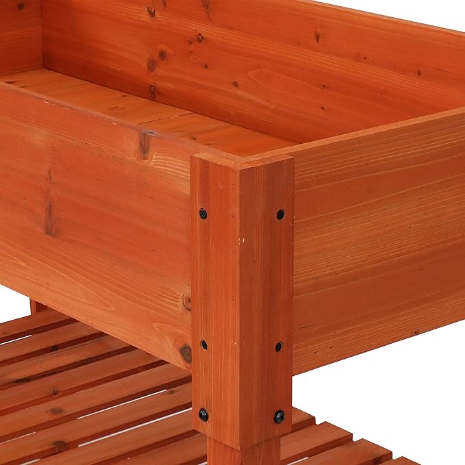Sunnydaze 42-Inch Wooden Outdoor Raised Garden Bed with Lower Shelf for Flowers Herbs and Vegetables - Stained Finish