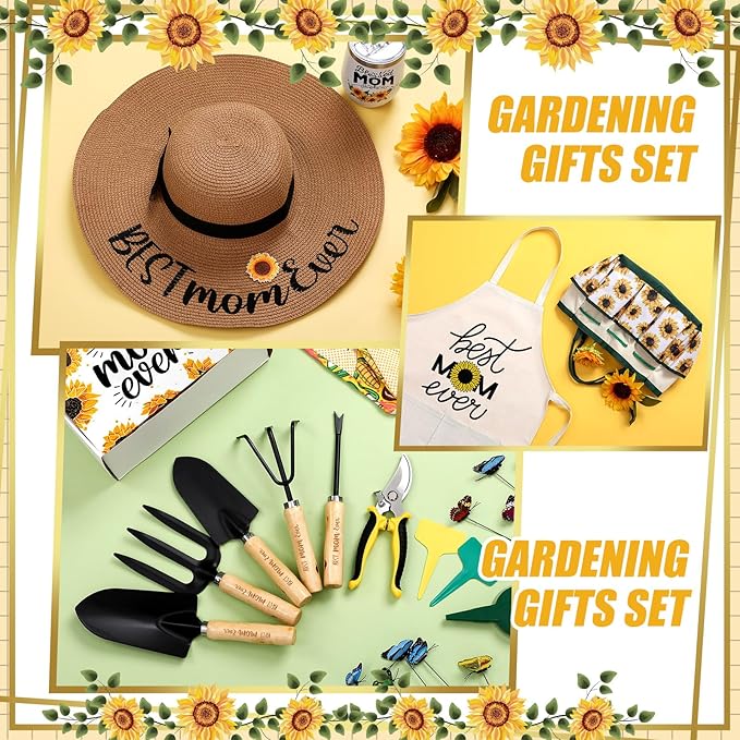 Lasnten 16 Pcs Mothers Day Garden Gift for Mom Women Gardening Supplies Birthday Garden Tools Set from Daughters Gloves Apron Insulation Cup Fork Trowel Tote Bags for Plant Lover Present